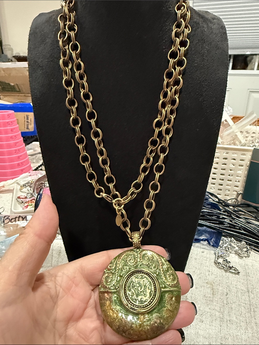 Chico's Antiqued Brass Green Patina Medallion Necklace – Embossed Statement Pend